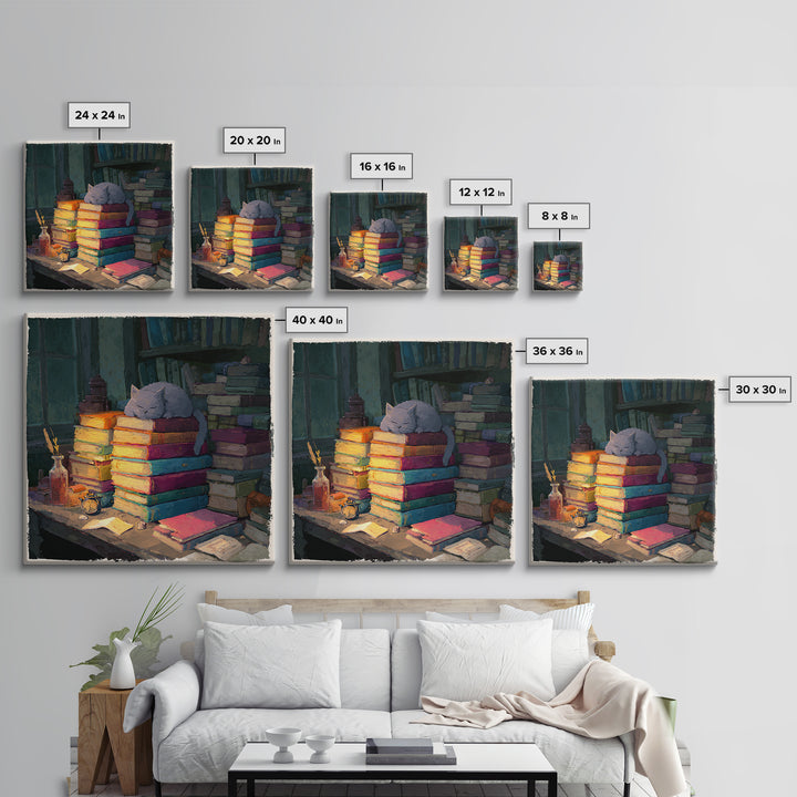 Cat Sleeping on a Book Stack Framed Canvas Print, Library Art, Boho Decor, Library Decor, Oil Painting, Archive, Digital Art, LIB-1x1-79