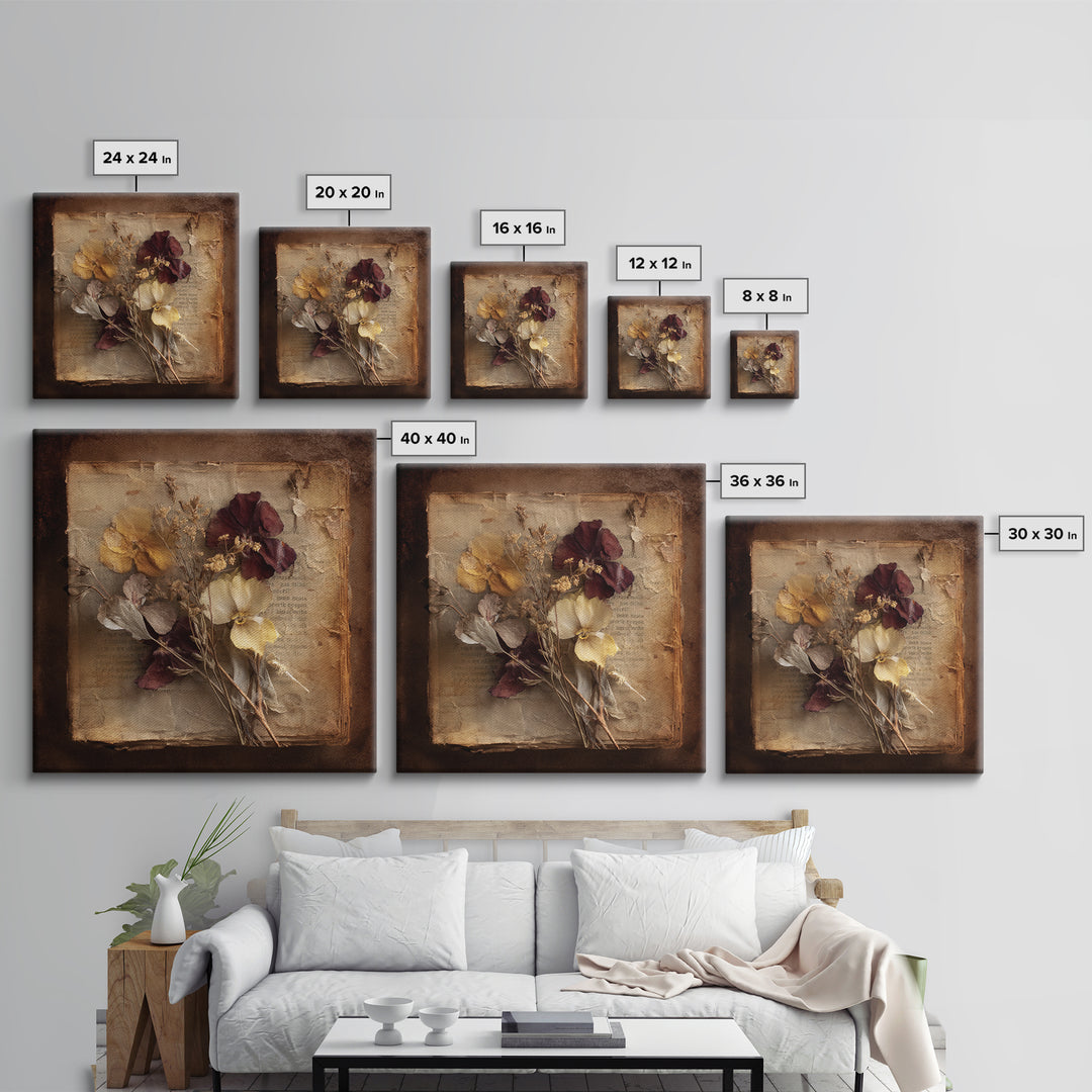 Botanical Pressed Flowers Inside Old Pages Canvas Print, Library Art, Painting, Library Decor, Oil Painting, Archive, LIB-1x1-81