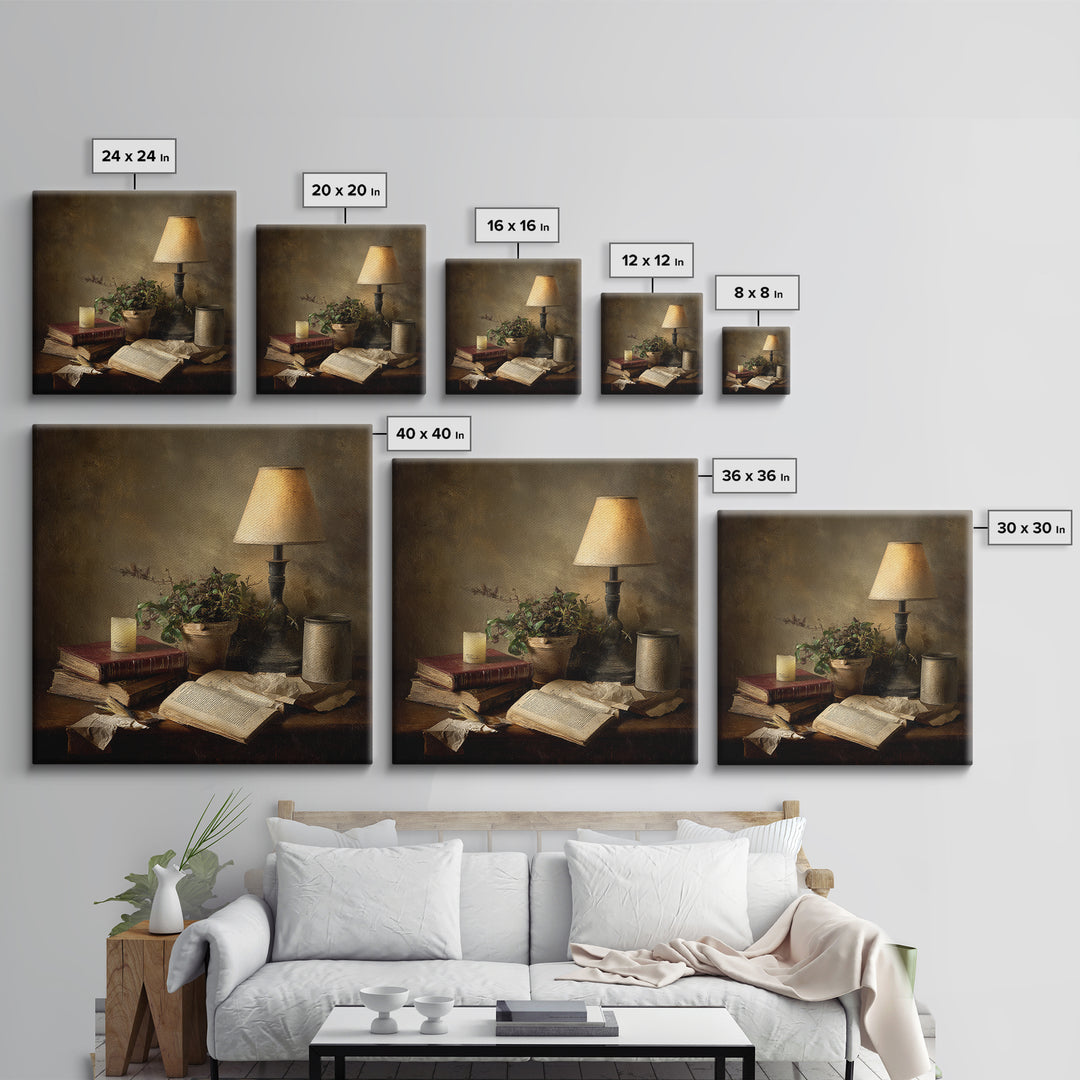 Warm Reading Lamp and Small Plant Still Framed Canvas Print, Library Art, Wall Art, Library Decor, Oil Painting, Archive, LIB-1x1-93
