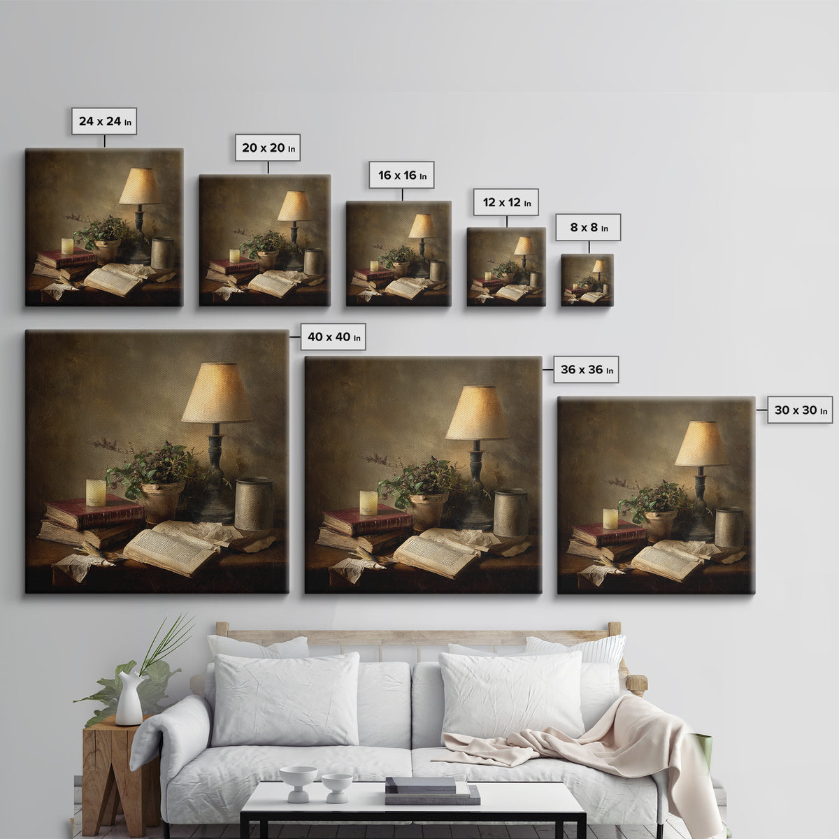 Warm Reading Lamp and Small Plant Still Framed Canvas Print, Library Art, Wall Art, Library Decor, Oil Painting, Archive, LIB-1x1-93