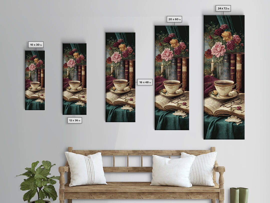 Teacup Beside a Novel and Roses Canvas Print, Library Art, Gothic Wall Decor, Library Decor, Fine Art, Archive, LIB-1x3-26