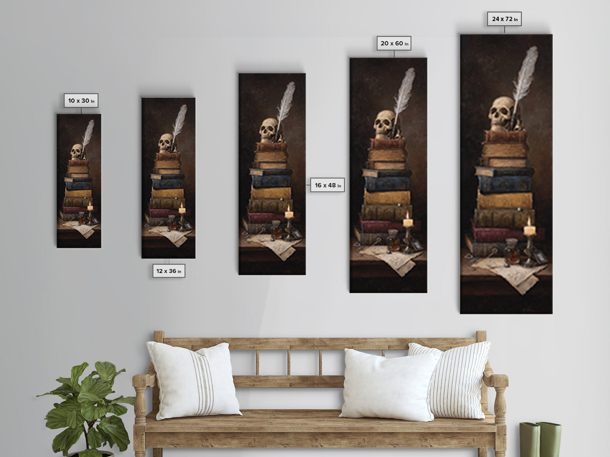 Dark Academia Skull Book and Quill Still Canvas Print, Library Art, Black Cat Art, Library Decor, Archive, Luxury Decor, LIB-1x3-41