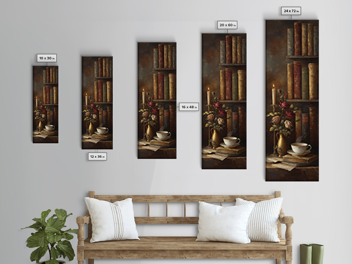 Teacup Beside a Novel and Roses Framed Canvas Print, Library Art, Fine Art Print, Library Decor, Fine Art, Archive, Painting, LIB-1x3-50