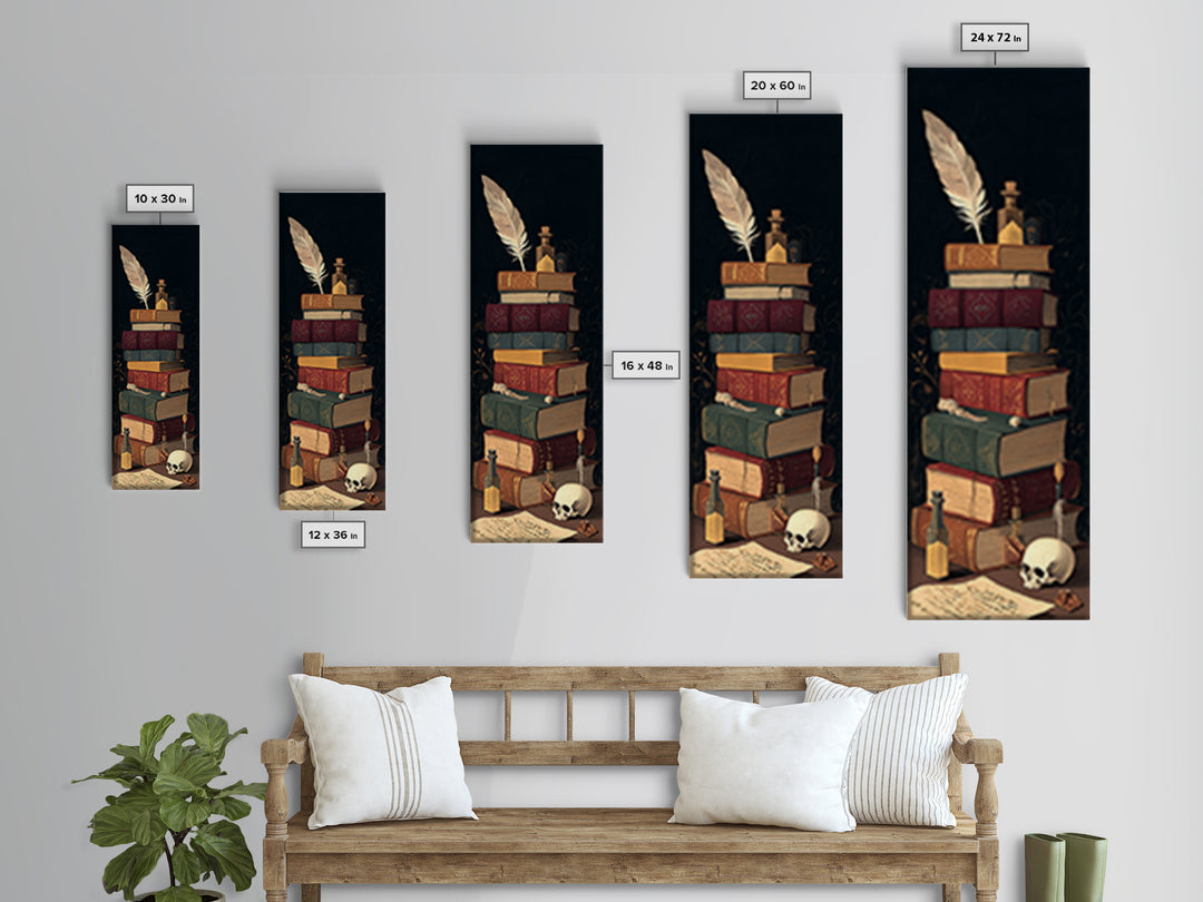 Dark Academia Skull Book and Quill Still Canvas Print, Library Art, Gothic Wall Decor, Library Decor, Fine Art, Archive, LIB-1x3-89