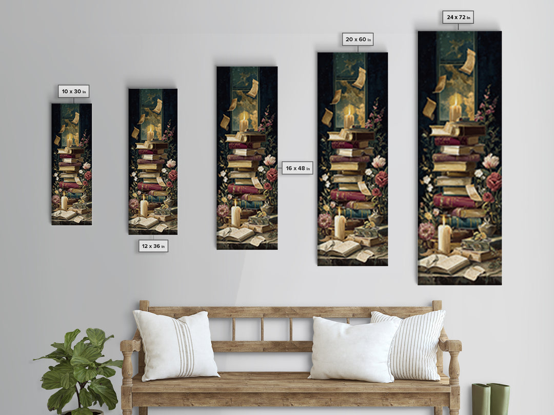 Moonlit Window with Floating Pages Framed Canvas Print, Library Art, Black Cat Art, Library Decor, Fine Art, Archive, LIB-1x3-92