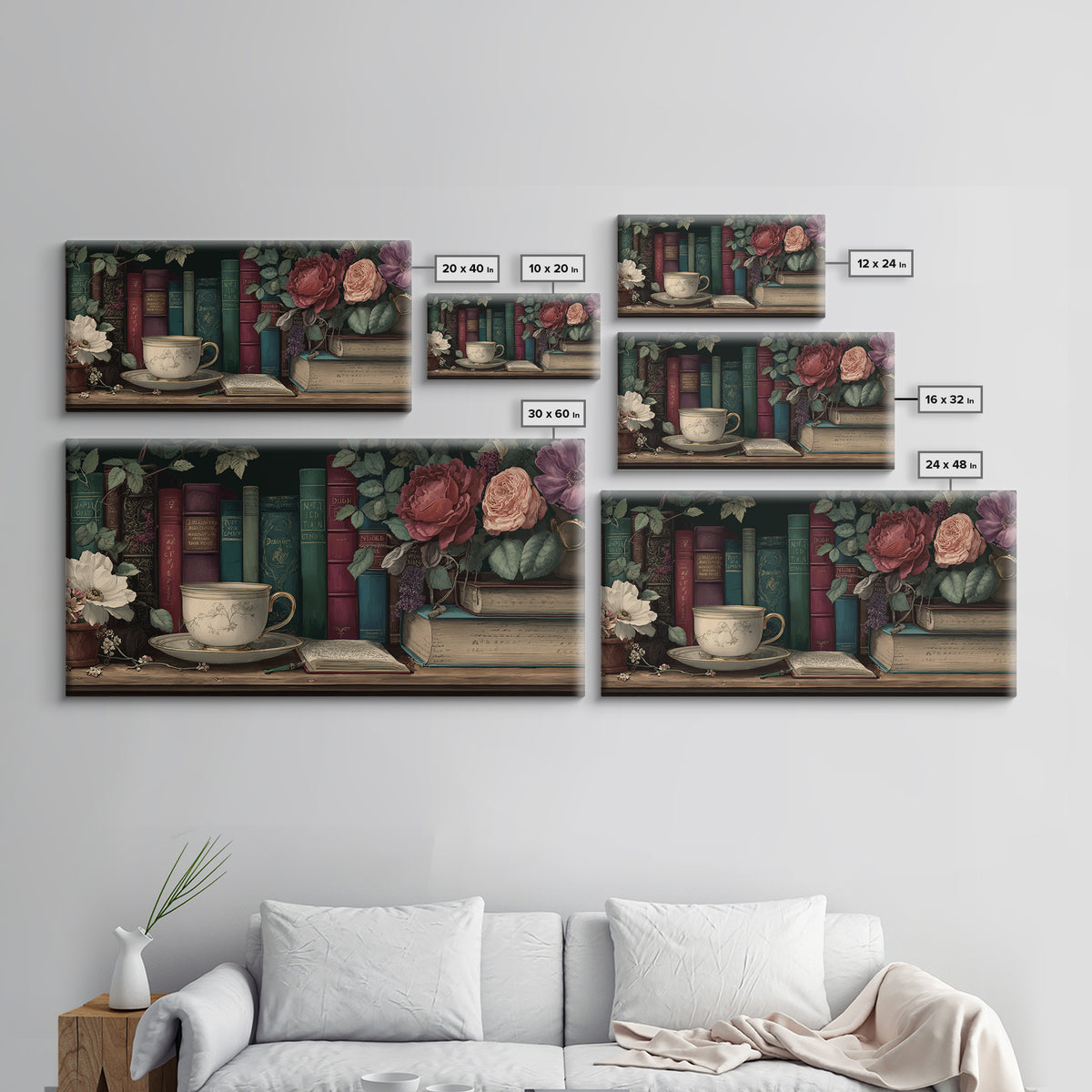 Teacup Beside a Novel and Roses Framed Canvas Print, Library Art, Contemporary Art, Library Decor, Fine Art, Archive, LIB-2x1-10