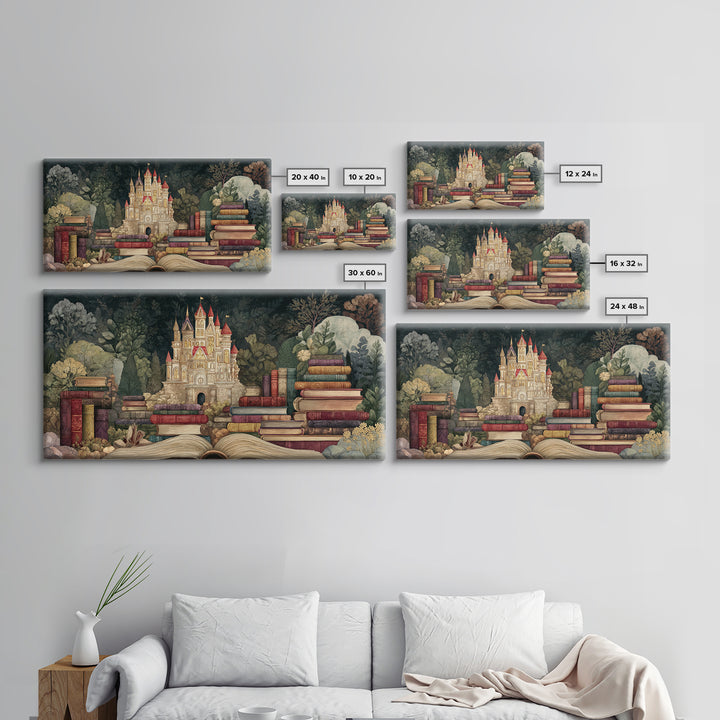Storybook Castle Emerging from Open Book Framed Canvas Print, Library Art, Wall Art, Library Decor, Oil Painting, Archive, LIB-2x1-35