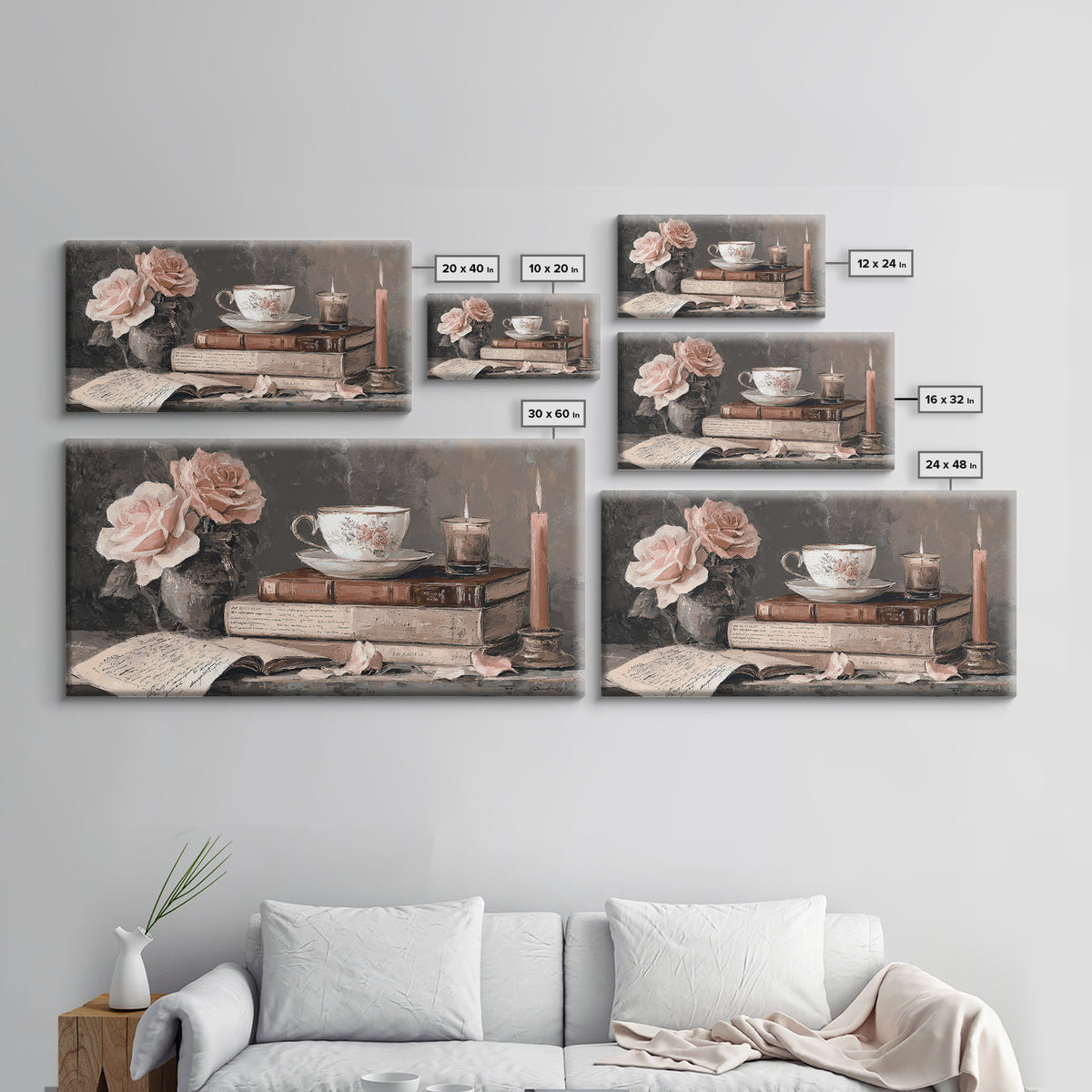 Teacup Beside a Novel and Roses Canvas Print, Library Art, Digital Art, Library Decor, Fine Art, Archive, Watercolor Art, LIB-2x1-58