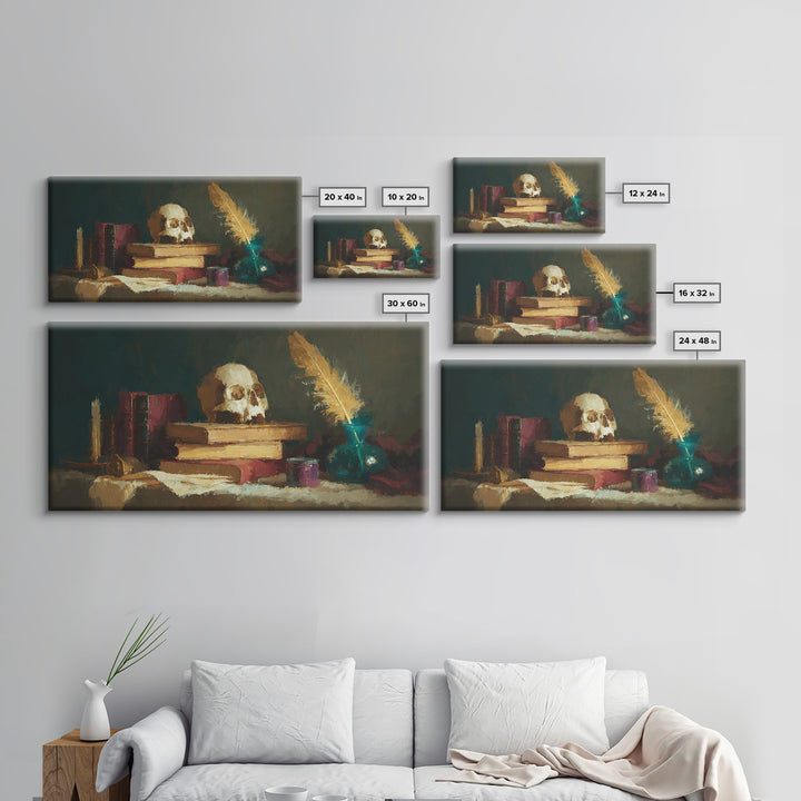 Dark Academia Skull Book and Quill Still Canvas Print, Library Art, Unique Wall Art, Library Decor, Fine Art, Archive, LIB-2x1-73