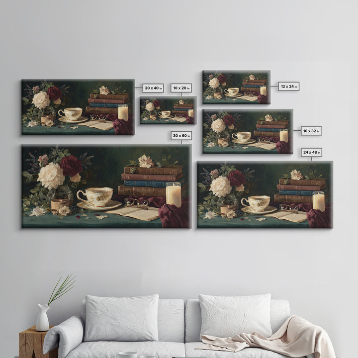Teacup Beside a Novel and Roses Canvas Print, Library Art, Digital Art, Library Decor, Fine Art, Archive, Watercolor Art, LIB-2x1-82