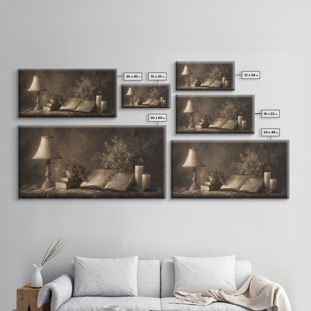 Warm Reading Lamp and Small Plant Still Canvas Print, Library Art, Watercolor Art, Library Decor, Archive, Halloween Wall Art, LIB-2x1-89