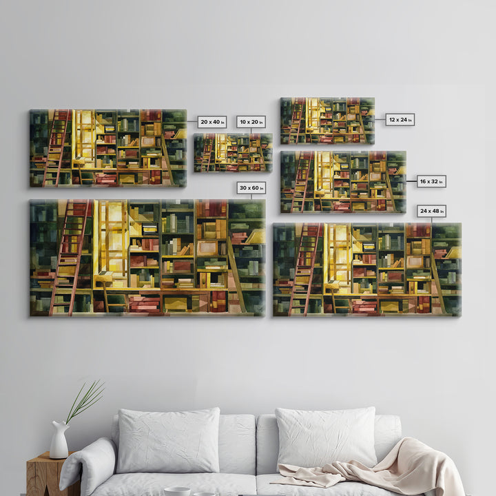Rolling Library Ladder Framed Canvas Print, Library Art, Neutral Decor, Library Decor, Fine Art, Archive, Home Decor, LIB-2x1-95