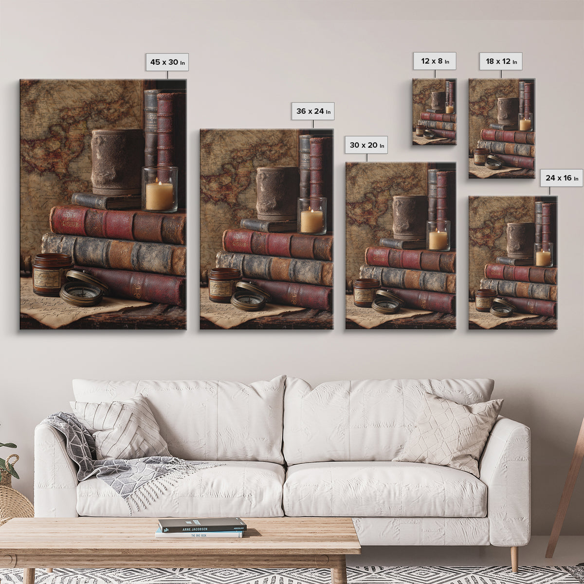 Map and Compass on Leather Bound Atlas Canvas Print, Library Art, Gothic Home Decor, Library Decor, Oil Painting, Archive, LIB-2x3-72