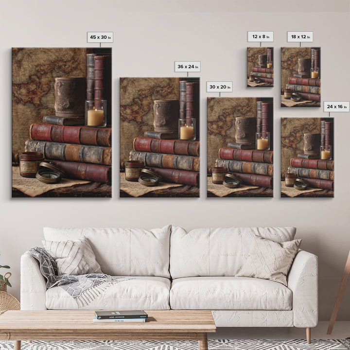 Map and Compass on Leather Bound Atlas Canvas Print, Library Art, Gothic Home Decor, Library Decor, Oil Painting, Archive, LIB-2x3-72