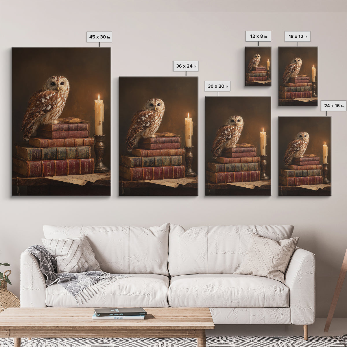 Owl Perched on a Pile of Antique Canvas Print, Library Art, Dark Academia Decor, Library Decor, Archive, Botanical Art, LIB-2x3-82