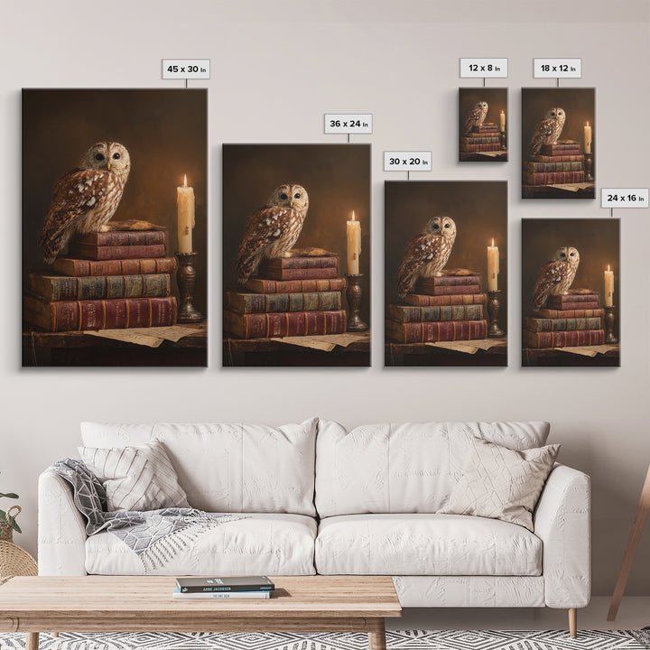 Owl Perched on a Pile of Antique Canvas Print, Library Art, Dark Academia Decor, Library Decor, Archive, Botanical Art, LIB-2x3-82
