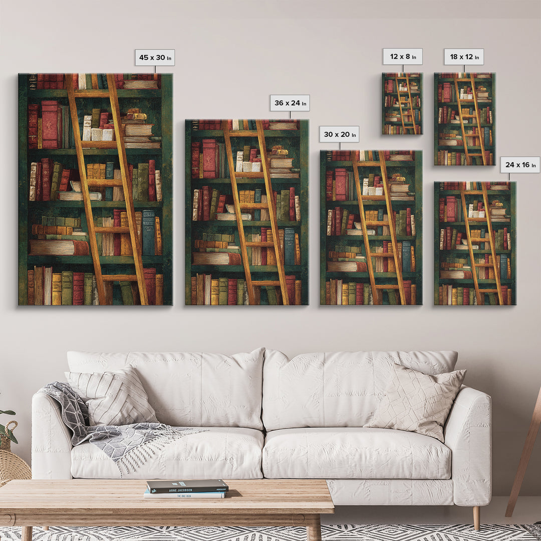 Rolling Library Ladder Framed Canvas Print, Library Art, Dark Academia Art, Library Decor, Abstract Art, Archive, Room Decor, LIB-2x3-83