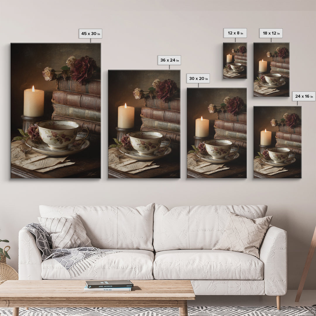 Teacup Beside a Novel and Roses Framed Canvas Print, Library Art, Unique Wall Art, Library Decor, Archive, Dark Academia Art, LIB-2x3-94