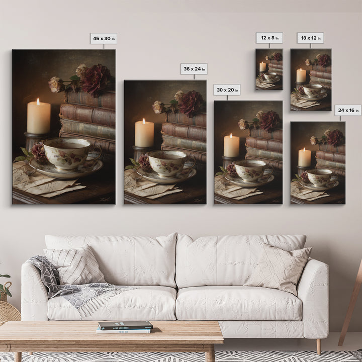 Teacup Beside a Novel and Roses Framed Canvas Print, Library Art, Unique Wall Art, Library Decor, Archive, Dark Academia Art, LIB-2x3-94