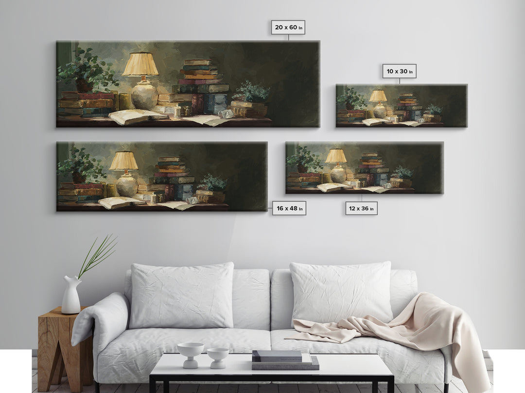 Warm Reading Lamp and Small Plant Still Canvas Print, Library Art, Watercolor Art, Library Decor, Archive, Halloween Wall Art, LIB-3x1-13