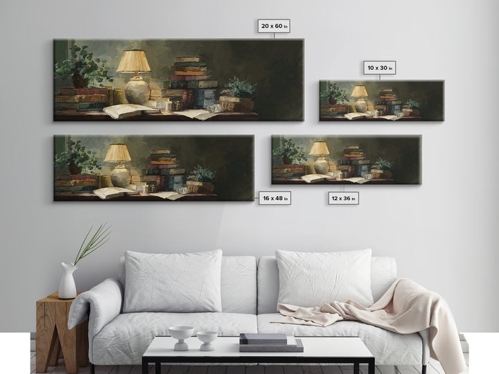 Warm Reading Lamp and Small Plant Still Canvas Print, Library Art, Watercolor Art, Library Decor, Archive, Halloween Wall Art, LIB-3x1-13