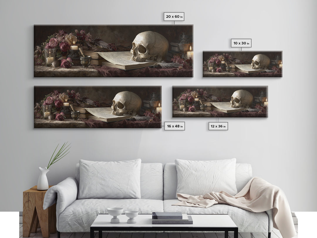 Dark Academia Skull Book and Quill Still Canvas Print, Library Art, Black Cat Art, Library Decor, Archive, Luxury Decor, LIB-3x1-21