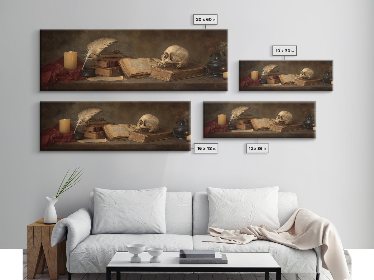Dark Academia Skull Book and Quill Still Framed Canvas Print, Library Art, Gallery Decor, Library Decor, Fine Art, Archive, LIB-3x1-69