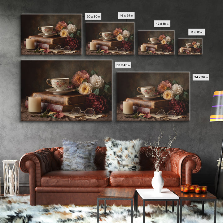 Teacup Beside a Novel and Roses Canvas Print, Library Art, Library Decor, Fine Art, Archive, Neutral Decor, Modern Decor, LIB-3x2-66