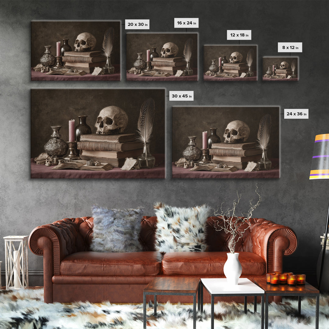 Dark Academia Skull Book and Quill Still Framed Canvas Print, Library Art, Fine Art Print, Library Decor, Fine Art, Archive, LIB-3x2-81