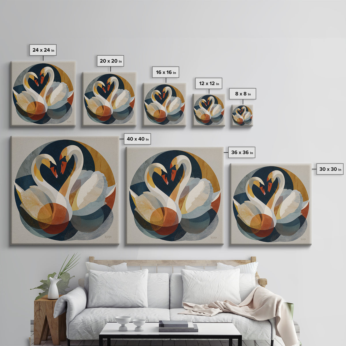 Two Swans Forming a Heart Shape Framed Canvas Print, Line Art, Boho Decor, Living Room Decor, Abstract Art, Line, LIN-1x1-16