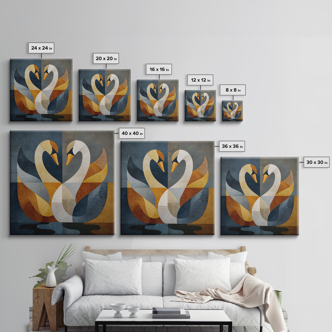 Two Swans Forming a Heart Shape Framed Canvas Print, Line Art, Wall Art, Living Room Decor, Fine Art, Line, Wall Art Print, LIN-1x1-88