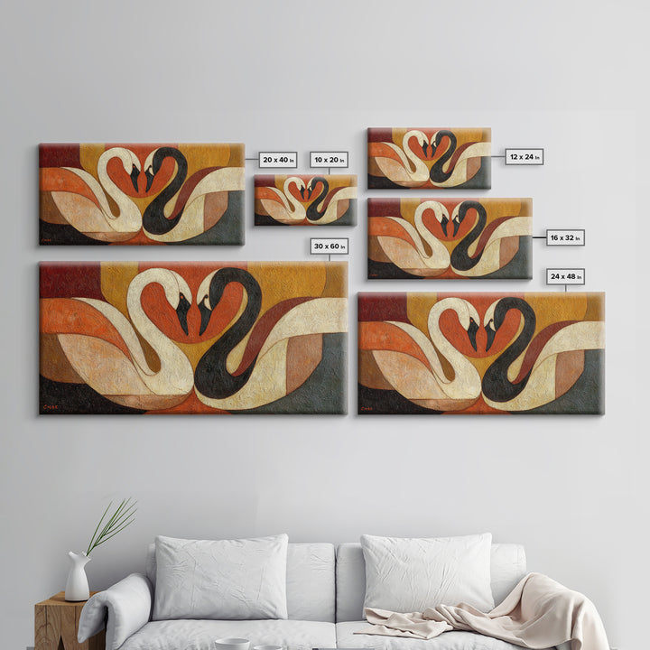 Two Swans Forming a Heart Shape Framed Canvas Print, Line Art, Textured Painting, Living Room Decor, Abstract Art, Line, LIN-2x1-12