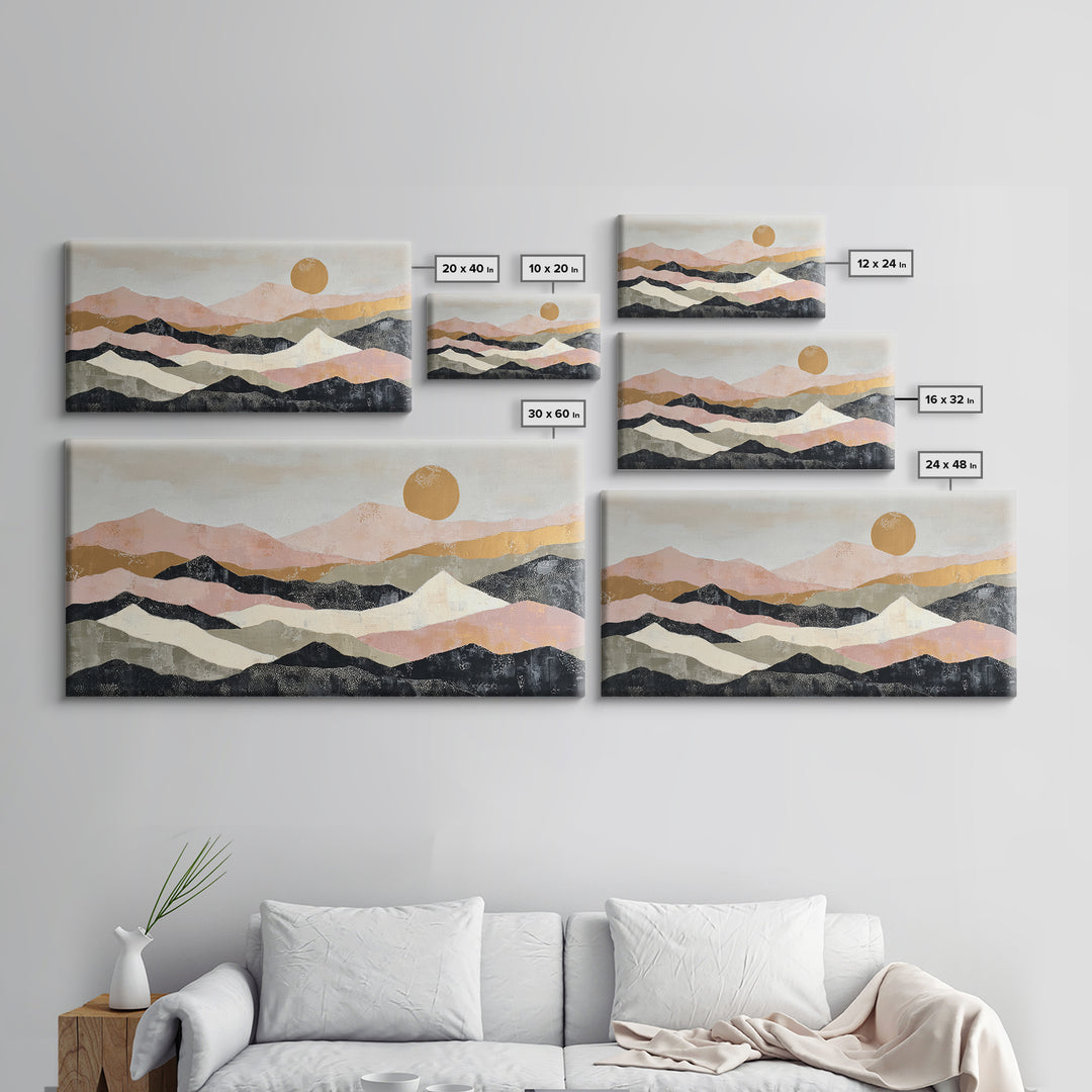 Black Line Mountains Framed Canvas Print, Line Art, Living Room Decor, Oil Painting, Line, Boho Decor, Living Room Wall Art, LIN-2x1-30