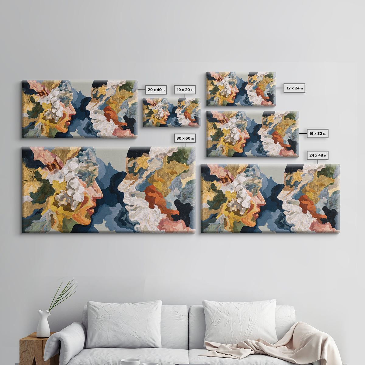 Face and Flower Blended into One Contour Canvas Print, Line Art, Art Print, Living Room Decor, Oil Painting, Line, LIN-2x1-4