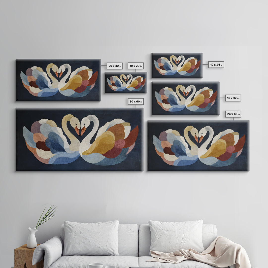 Two Swans Forming a Heart Shape Framed Canvas Print, Line Art, Digital Wall Art, Living Room Decor, Line, Minimalist Wall Art, LIN-2x1-60