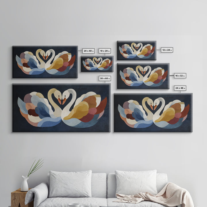 Two Swans Forming a Heart Shape Framed Canvas Print, Line Art, Digital Wall Art, Living Room Decor, Line, Minimalist Wall Art, LIN-2x1-60