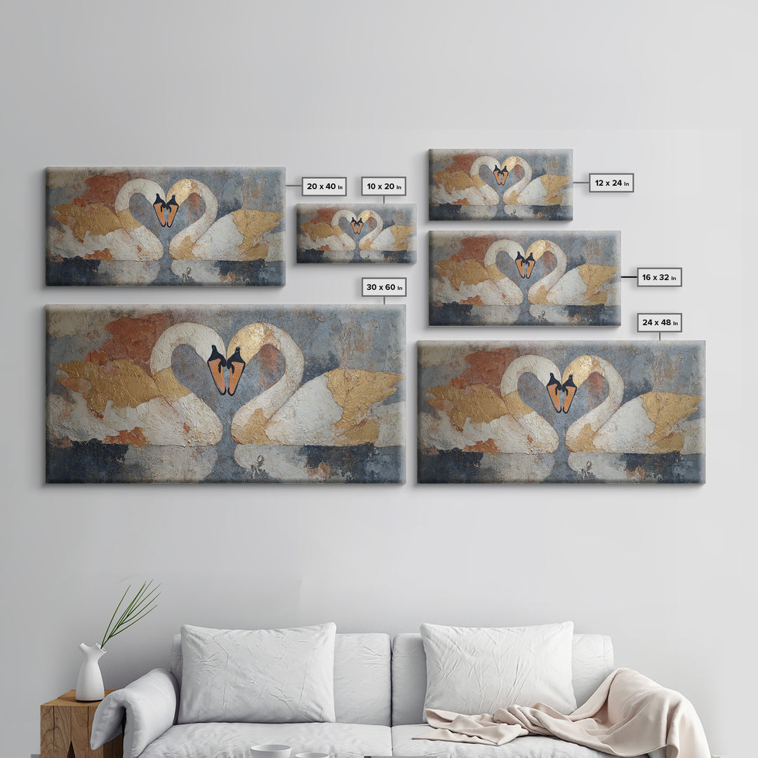 Two Swans Forming a Heart Shape Framed Canvas Print, Line Art, Modern Art, Living Room Decor, Abstract Art, Line, Neutral Decor, LIN-2x1-84