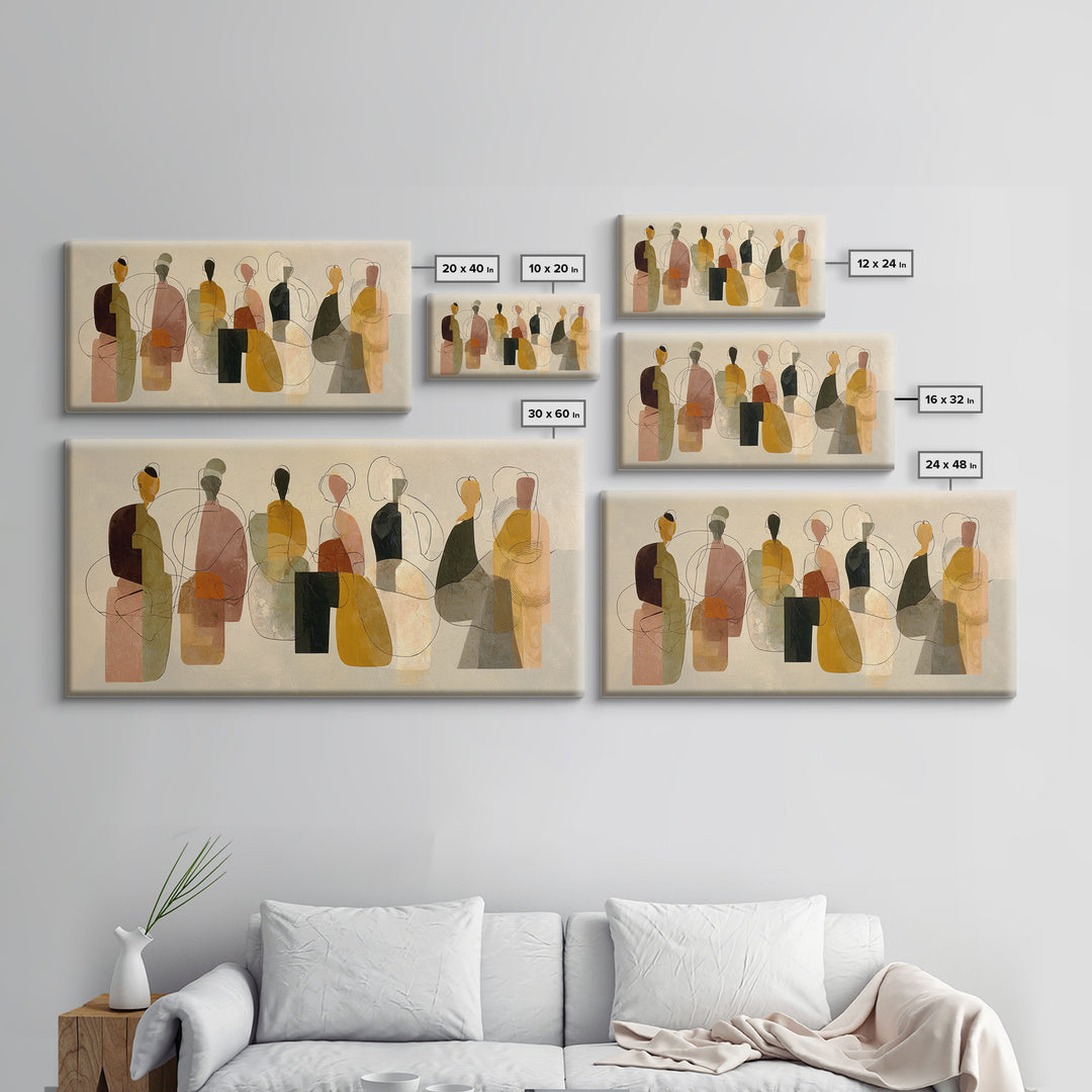 Abstract Family Figures Framed Canvas Print, Line Art, Boho Decor, Living Room Decor, Oil Painting, Line, Minimalist Art, LIN-2x1-92