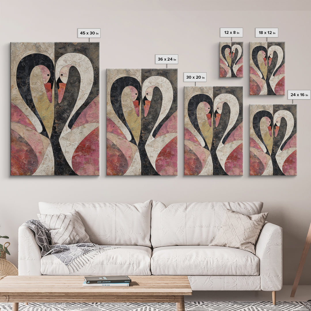Two Swans Forming a Heart Shape Framed Canvas Print, Line Art, Contemporary Art, Living Room Decor, Abstract Art, Line, LIN-2x3-24