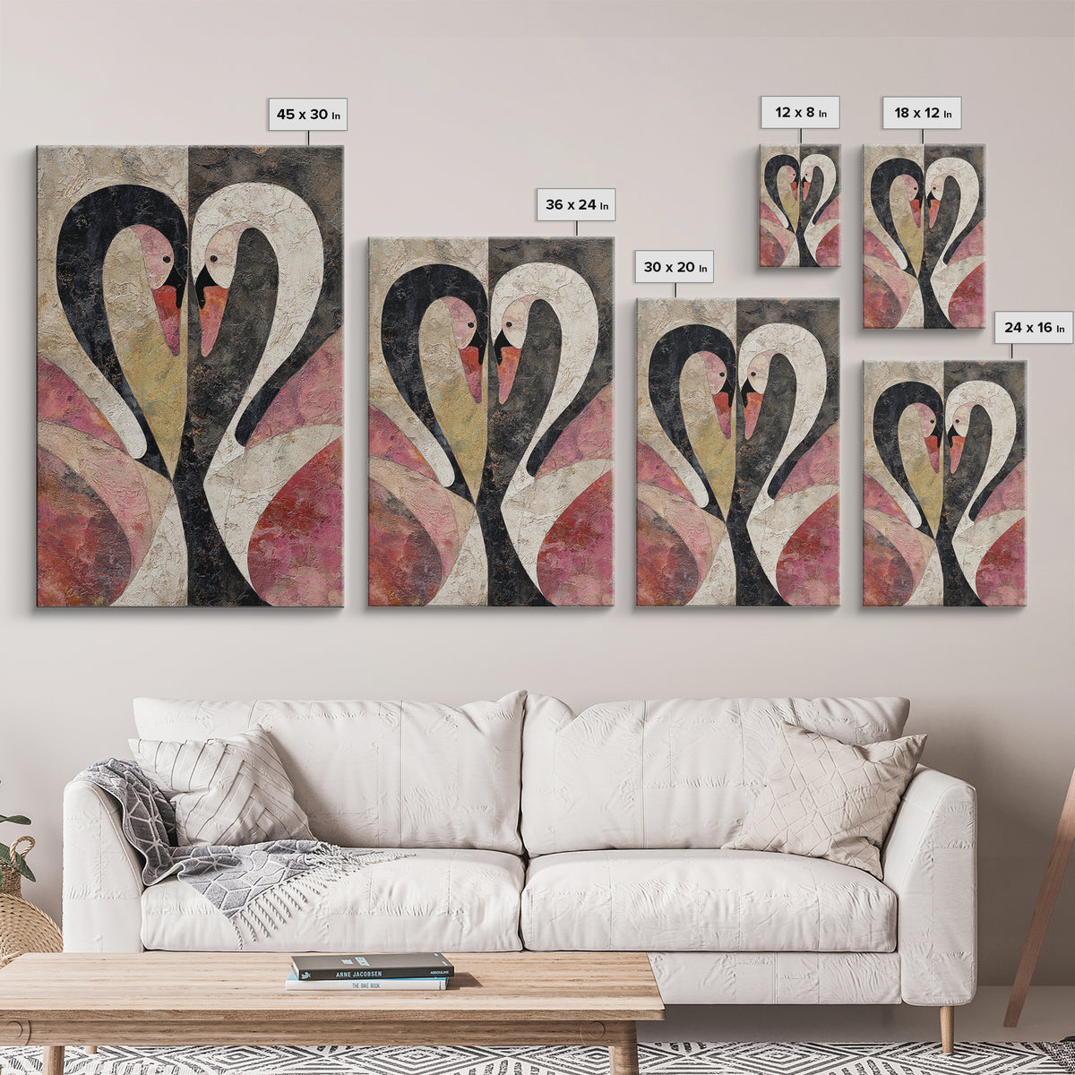 Two Swans Forming a Heart Shape Framed Canvas Print, Line Art, Contemporary Art, Living Room Decor, Abstract Art, Line, LIN-2x3-24