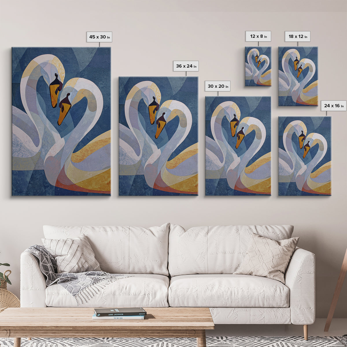 Two Swans Forming a Heart Shape Framed Canvas Print, Line Art, Living Room Decor, Abstract Art, Line, Portrait from Photo, LIN-2x3-48
