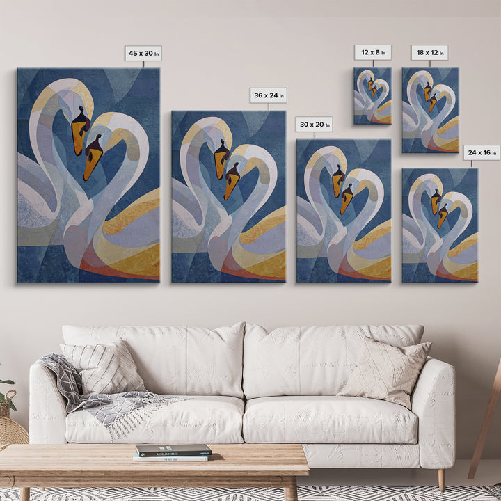 Two Swans Forming a Heart Shape Framed Canvas Print, Line Art, Living Room Decor, Abstract Art, Line, Portrait from Photo, LIN-2x3-48