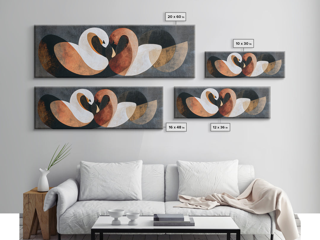 Two Swans Forming a Heart Shape Framed Canvas Print, Line Art, Gallery Decor, Living Room Decor, Abstract Art, Line, Home Decor, LIN-3x1-32