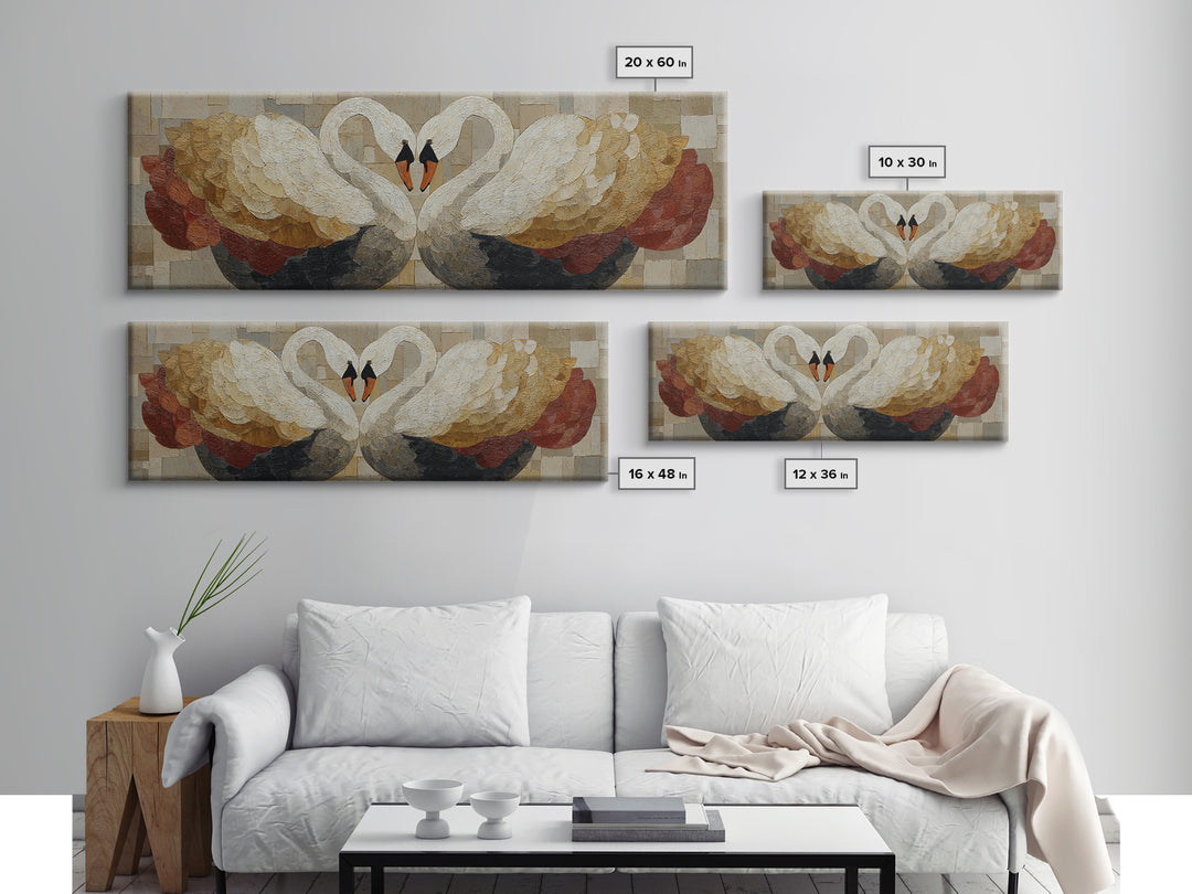Two Swans Forming a Heart Shape Framed Canvas Print, Line Art, Wall Art, Living Room Decor, Fine Art, Line, Wall Art Print, LIN-3x1-56