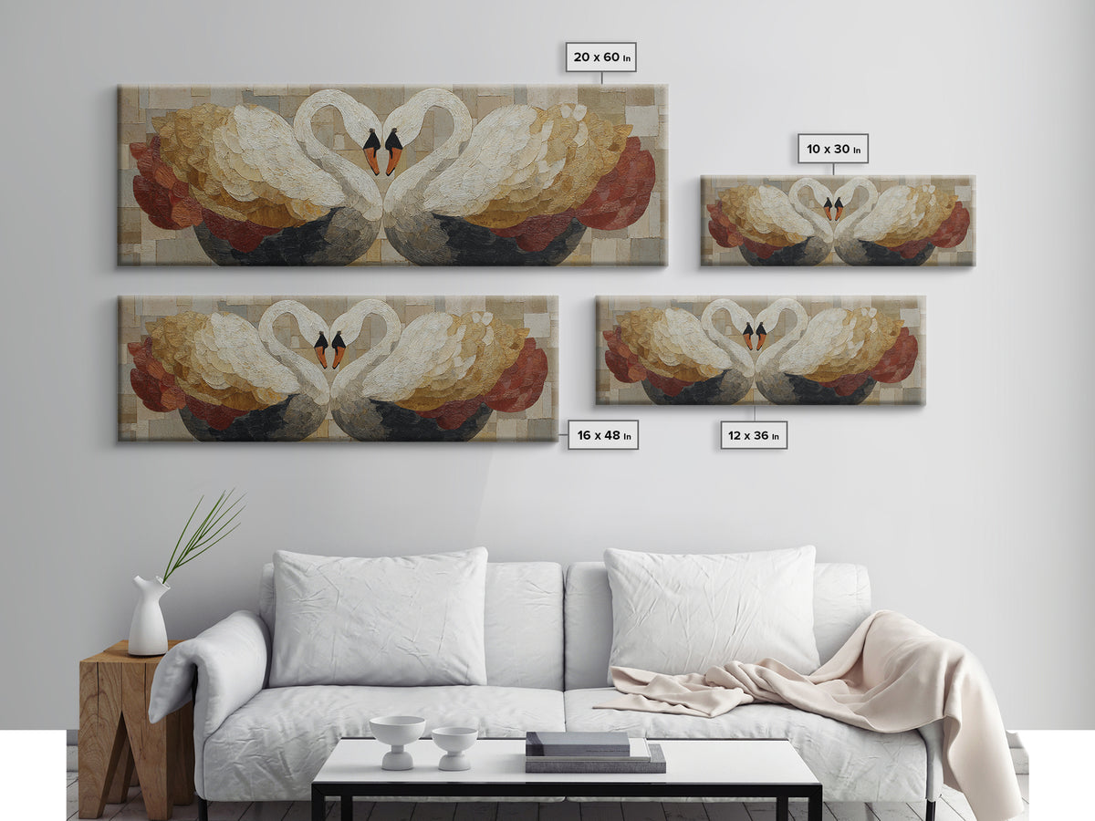 Two Swans Forming a Heart Shape Framed Canvas Print, Line Art, Wall Art, Living Room Decor, Fine Art, Line, Wall Art Print, LIN-3x1-56