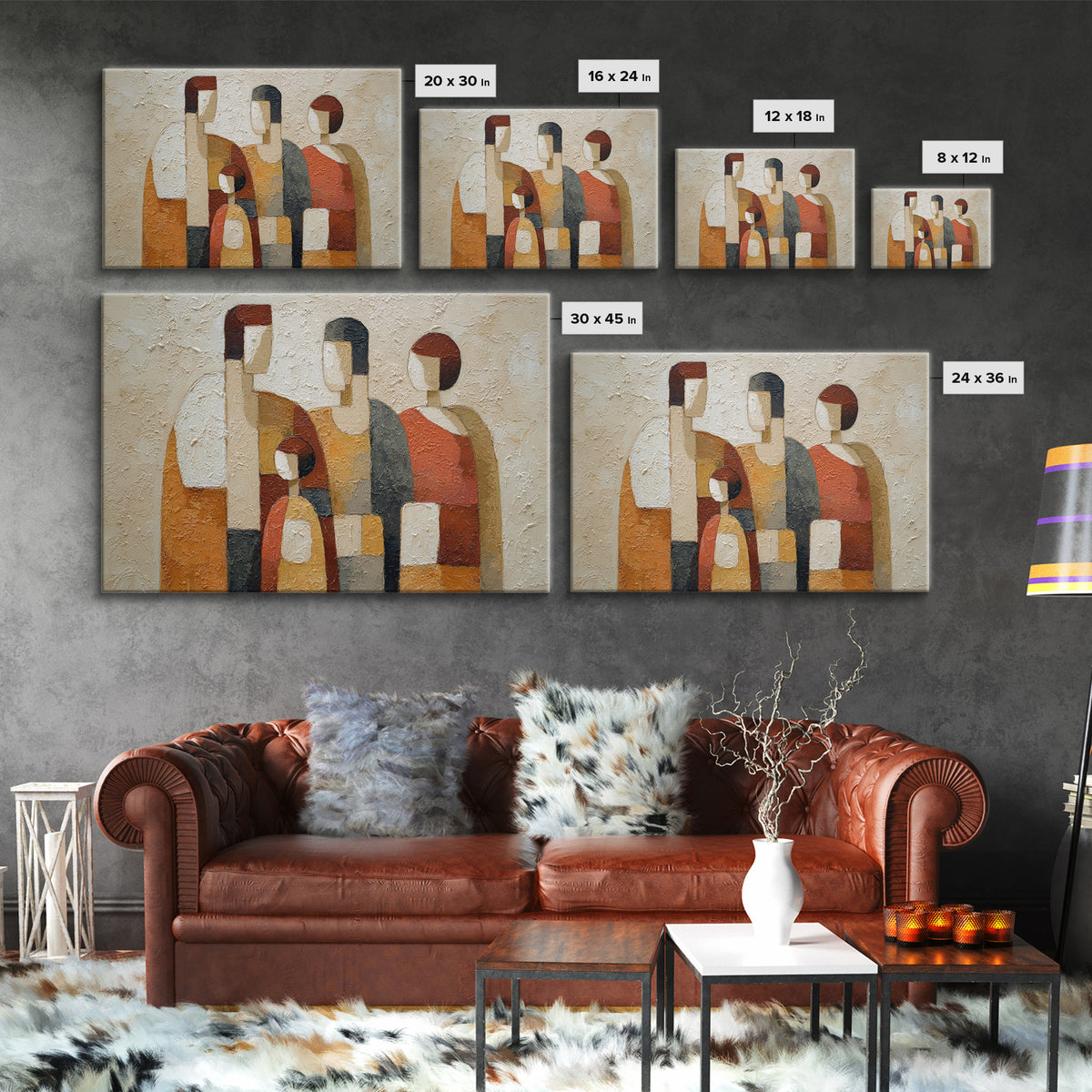 Abstract Family Figures Framed Canvas Print, Line Art, Living Room Decor, Oil Painting, Line, Portrait from Photo, LIN-3x2-100