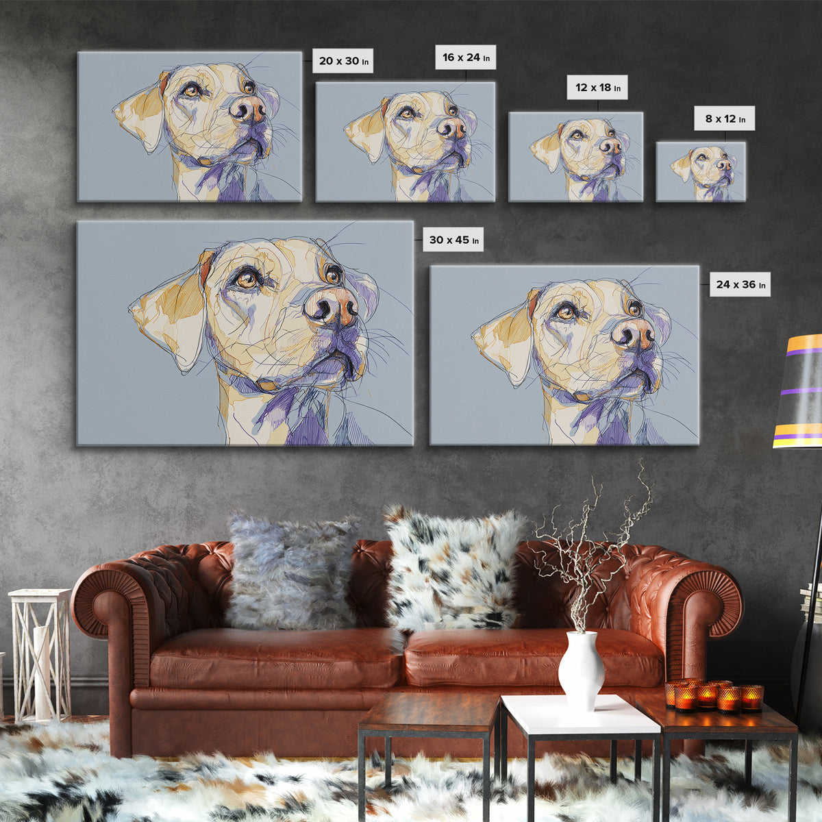 Continuous Line Dog Portrait Canvas Print, Line Art, Neutral Decor, Living Room Decor, Oil Painting, Line, Wall Decor, LIN-3x2-17