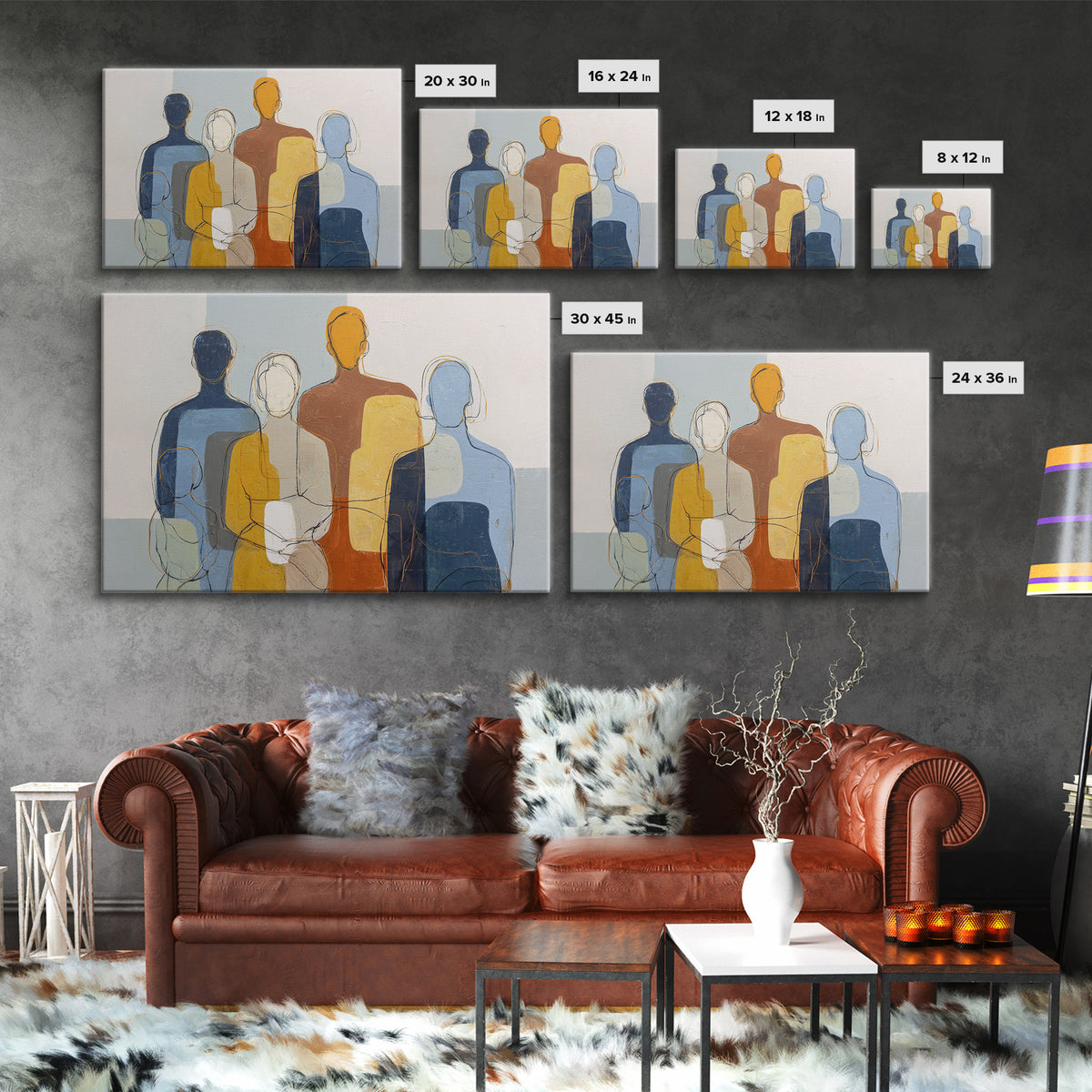 Abstract Family Figures Canvas Print, Line Art, Living Room Art, Living Room Decor, Oil Painting, Line, Art Print, LIN-3x2-4
