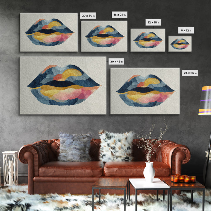 Abstract Lips and Hand Fashion Sketch Framed Canvas Print, Line Art, Bird Wall Art, Living Room Decor, Abstract Art, Line, LIN-3x2-70