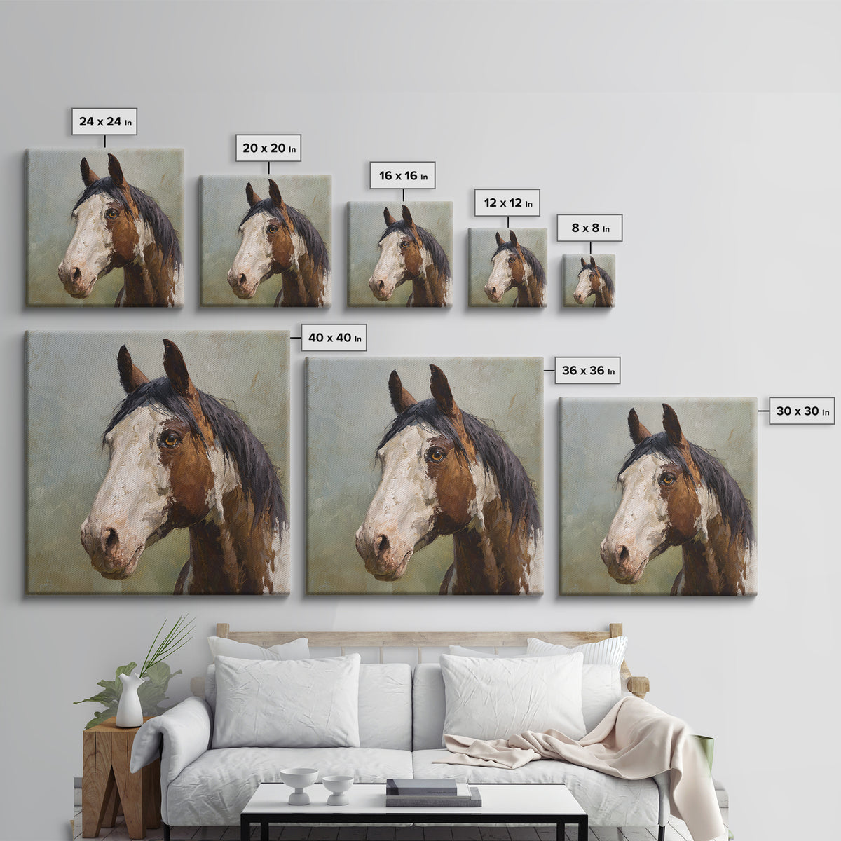 Contemporary Horse Portrait Framed Canvas Print, Living Room Art, 3 Piece Wall Art, Living Room Decor, Fine Art, Living, LIR-1x1-34